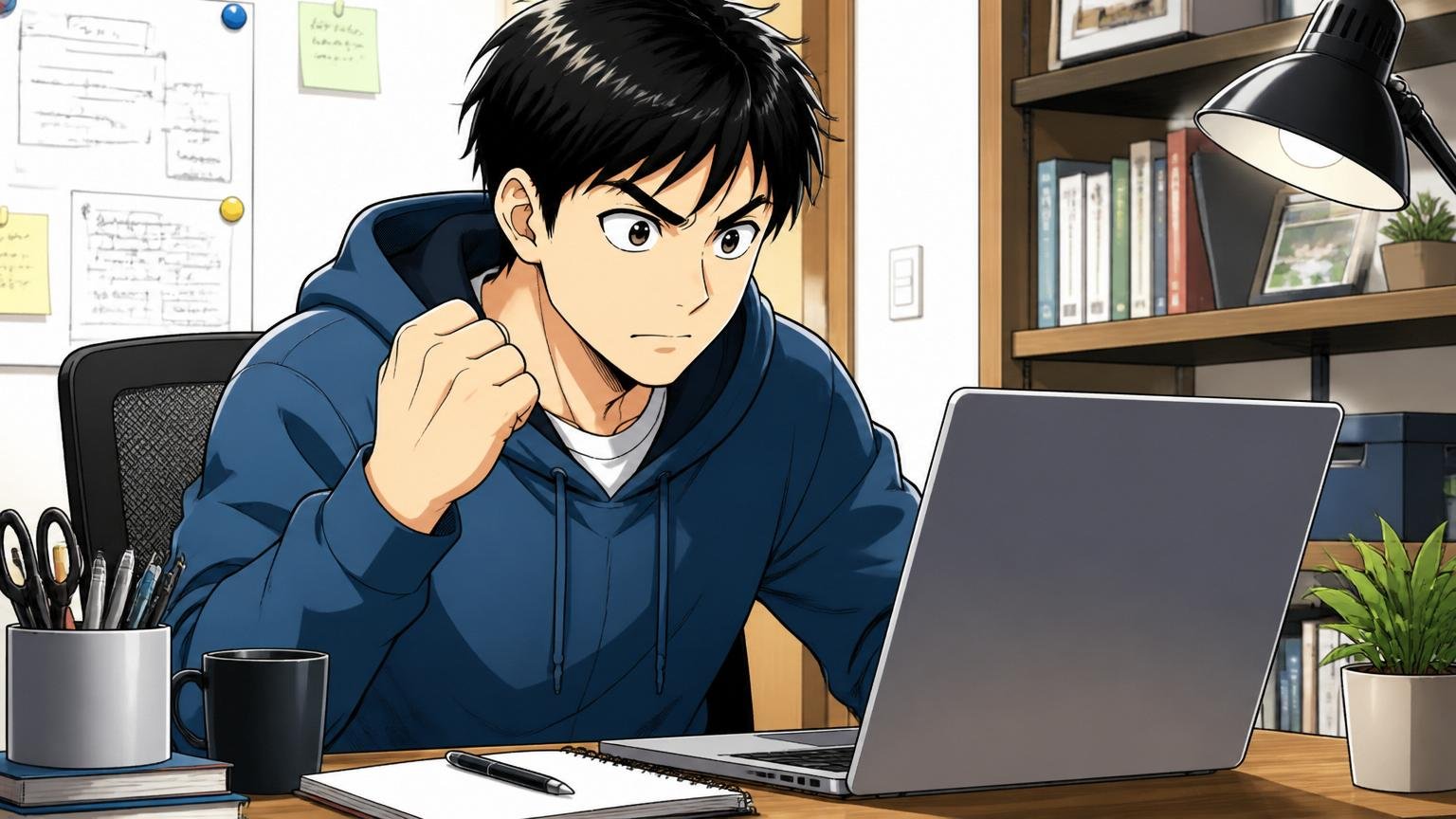 自宅のデスクでITエンジニア1名が決意した表情でリコージャパンの企業サイトをノートPCで確認する