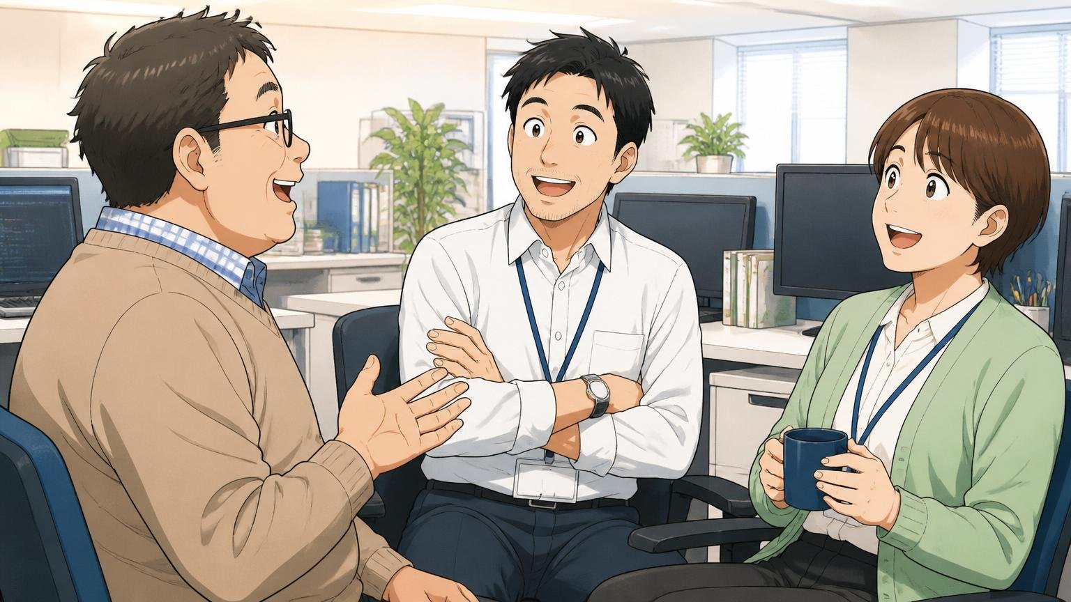独立系SIerの落ち着いたオフィスで長く勤める中堅社員3名が和やかに談笑する様子