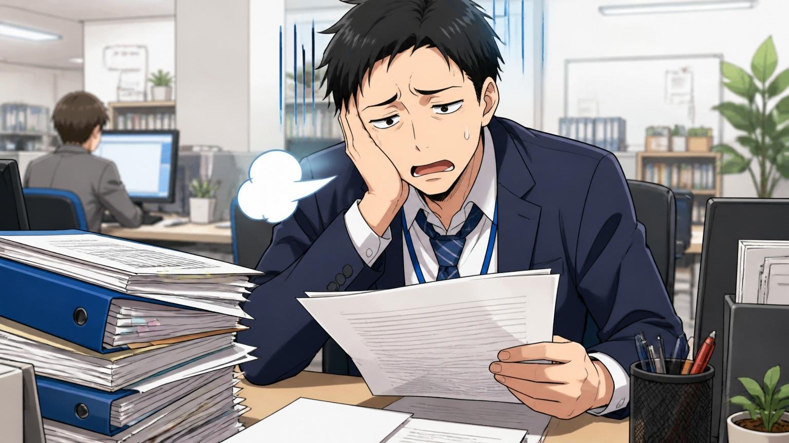 Web系企業の人事部で職務経歴書を読み込み深いため息をつく採用担当者の様子