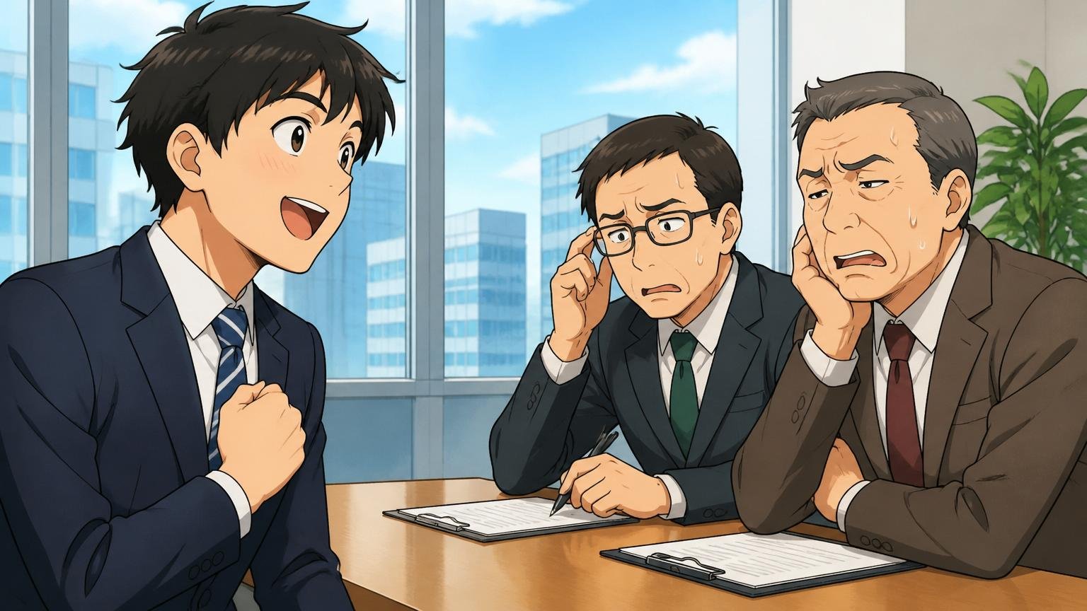 企業の会議室で面接 応募者が「大手で安定したい」と話している隣で面接官2名が困った表情を見せる