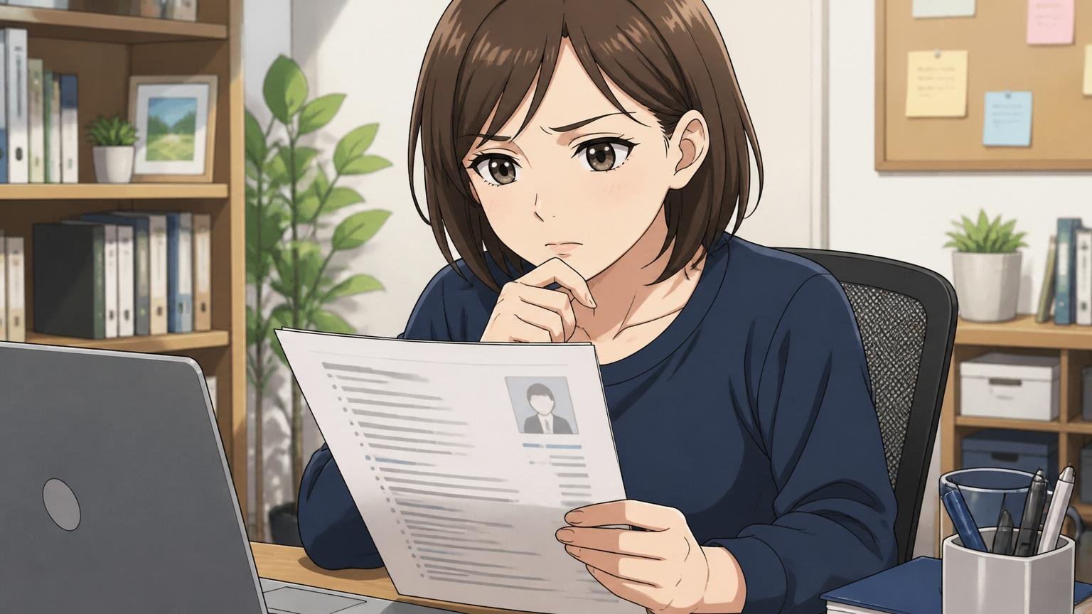 問い①応募ポジションは本当に自分の経験と一致していたか 自宅のデスクで職務経歴書を見ながら振り返るITエンジニア 30代女性1人 真剣な表情