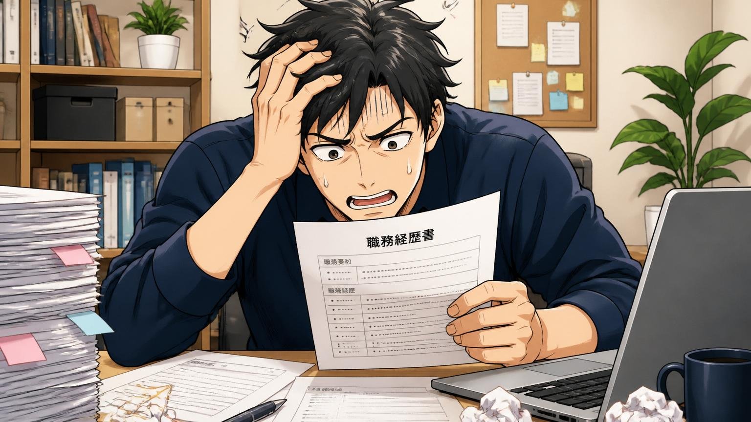 自宅のデスクで職務経歴書を見直しながら頭を抱える30代中途エンジニア