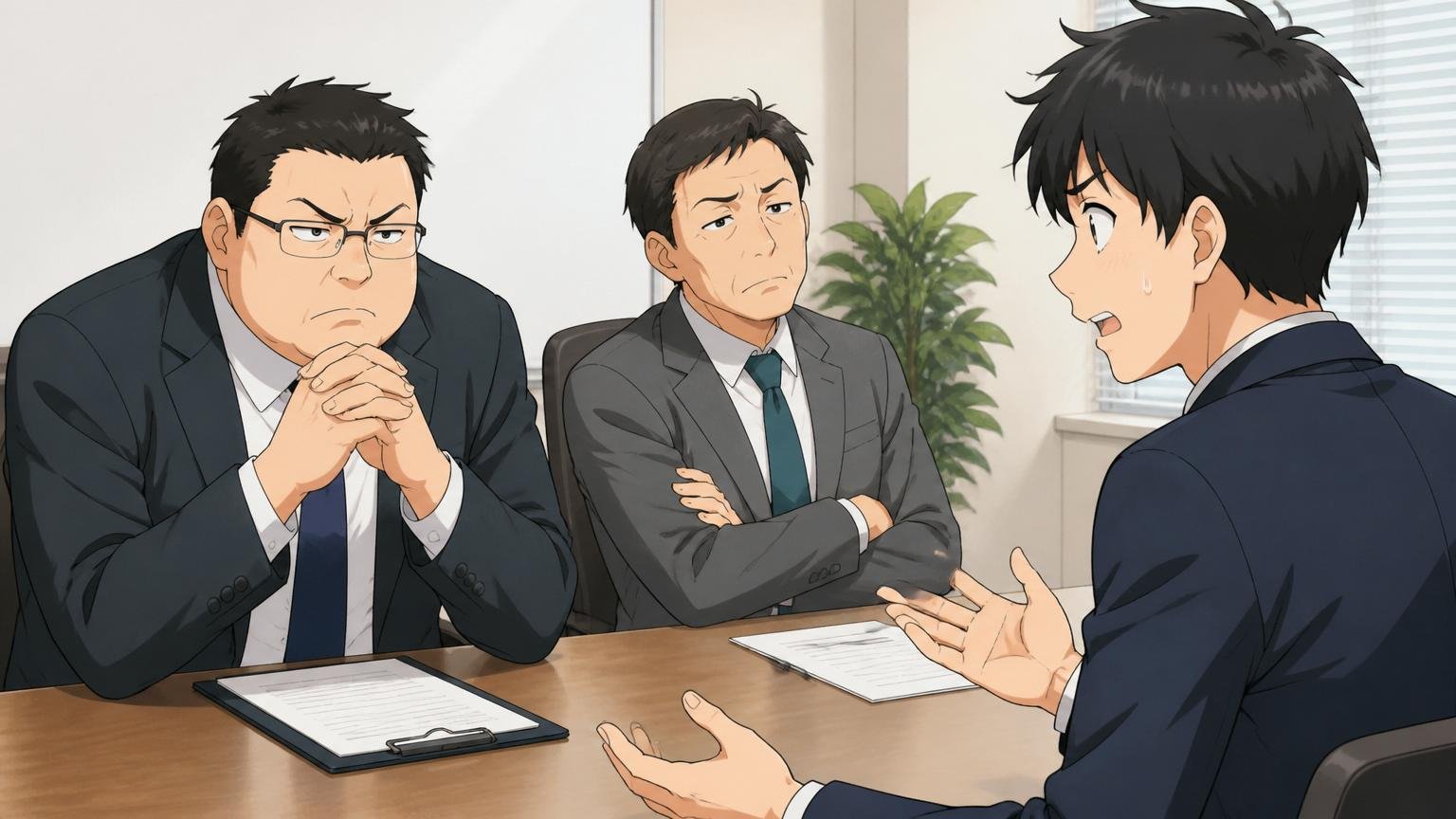 志望動機が「安定」「大手だから」止まりだった。SIerの面接室で志望動機を語るが手応えのない表情のエンジニア1人と面接官2人
