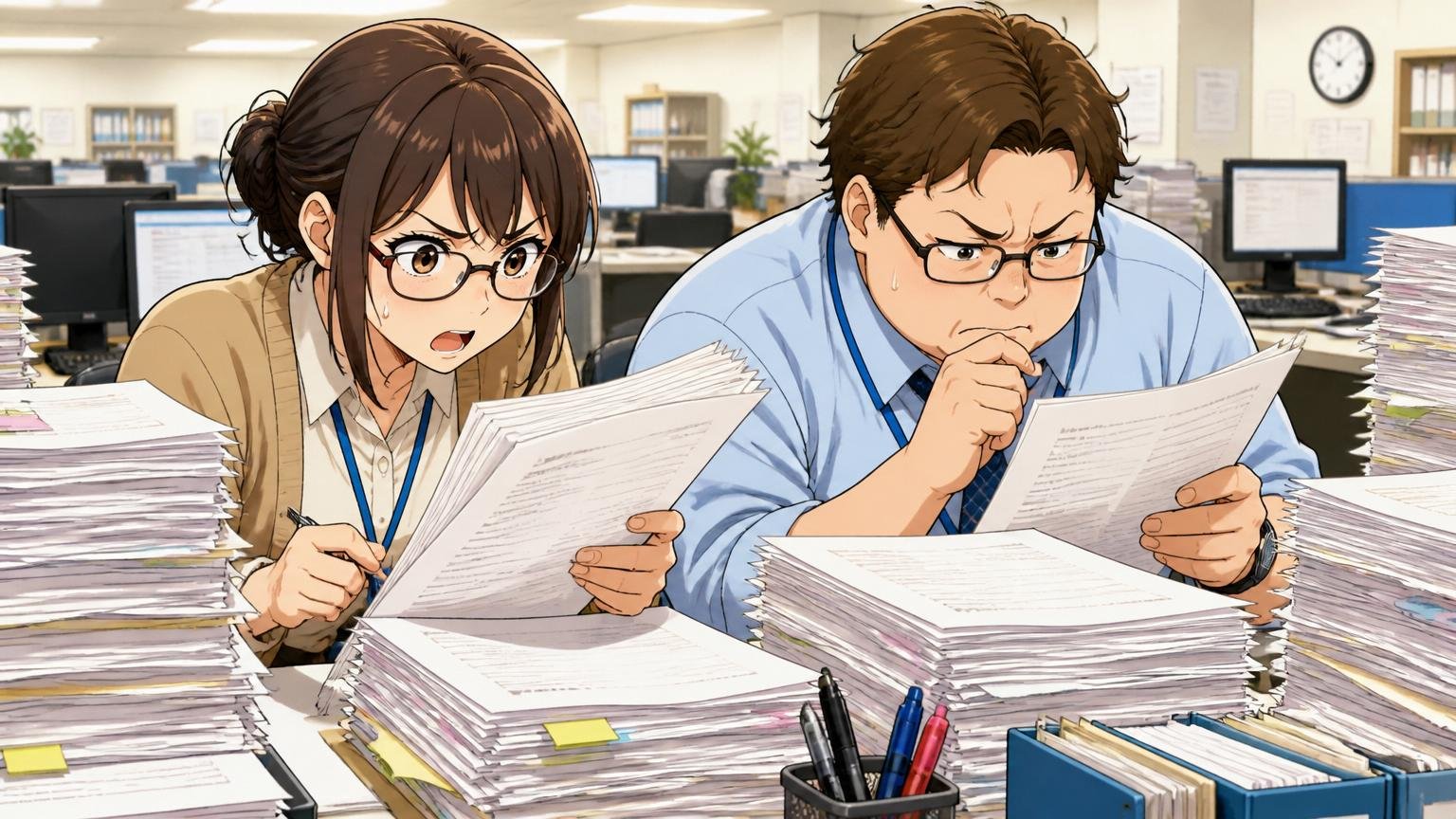 SIerの開発現場のオフィスで、人事担当者2人が書類を山ほど積み上げて読み込む真剣な様子