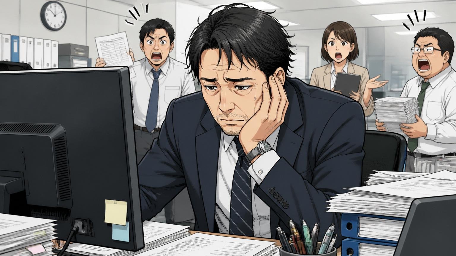 「評価が適正に行われない」｜現役PMが語る本音 大手SIerのオフィスで40代男性PMが疲れた表情でモニターを見る