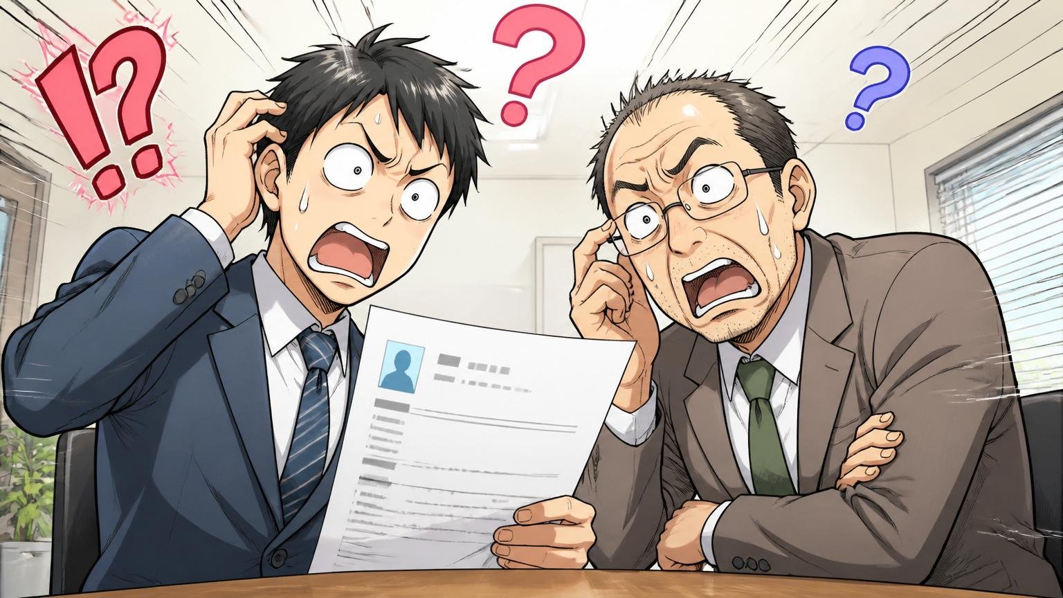 企業の会議室で職務経歴書を見ながら応募者と面接官が首をかしげるシーン。2人。違和感とミスマッチのオーバーリアクション