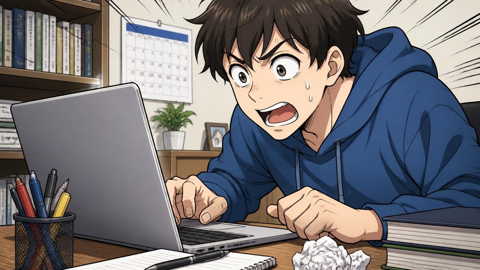 原因①：Webテストのボーダーで足切り、自宅のデスクで、1人の若手就活生がノートPC画面の問題集を凝視する
