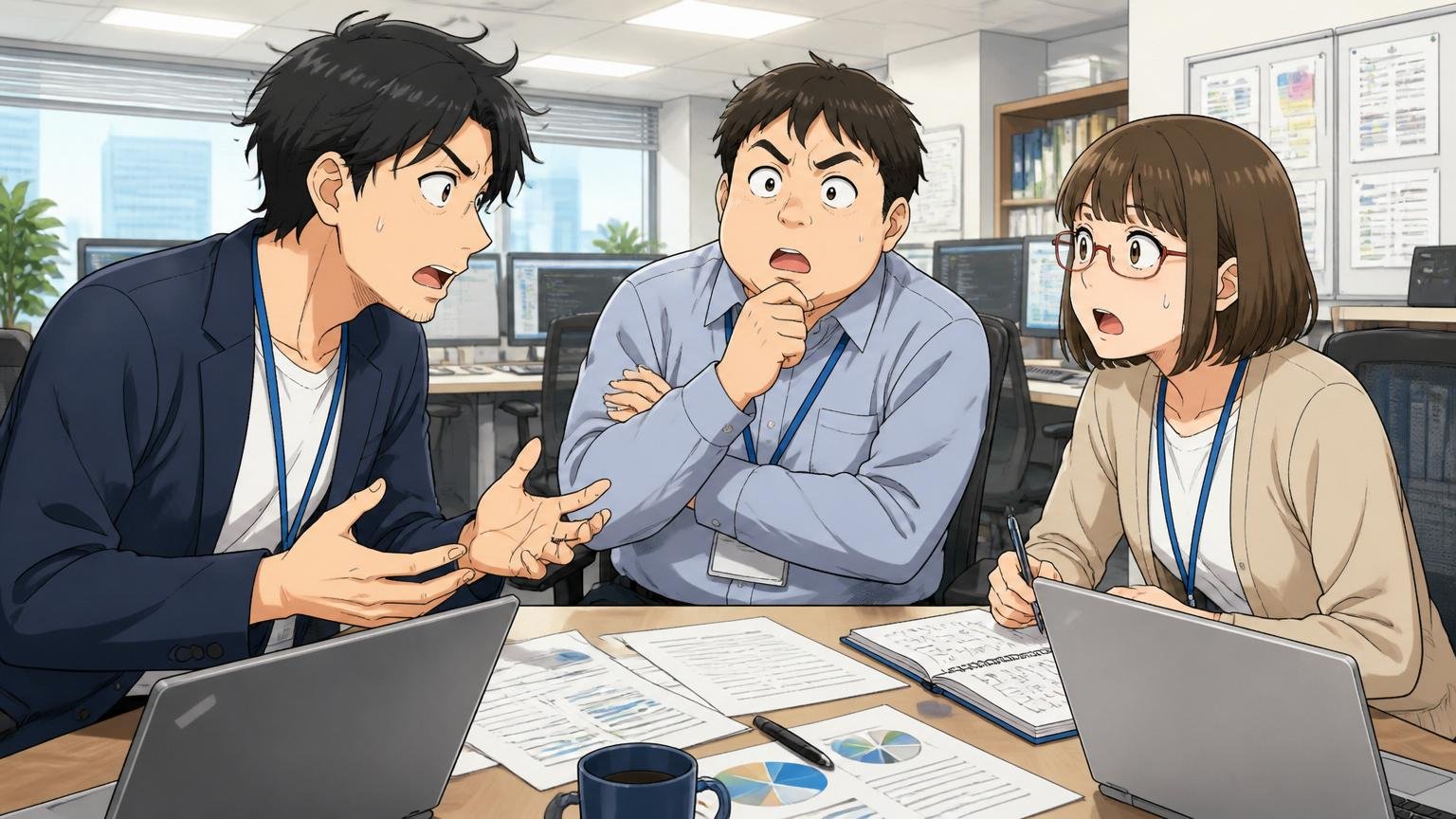 三井情報の中途採用比率と選考の現実。SIerのオフィスで中途入社のエンジニアと既存社員2名がミーティング