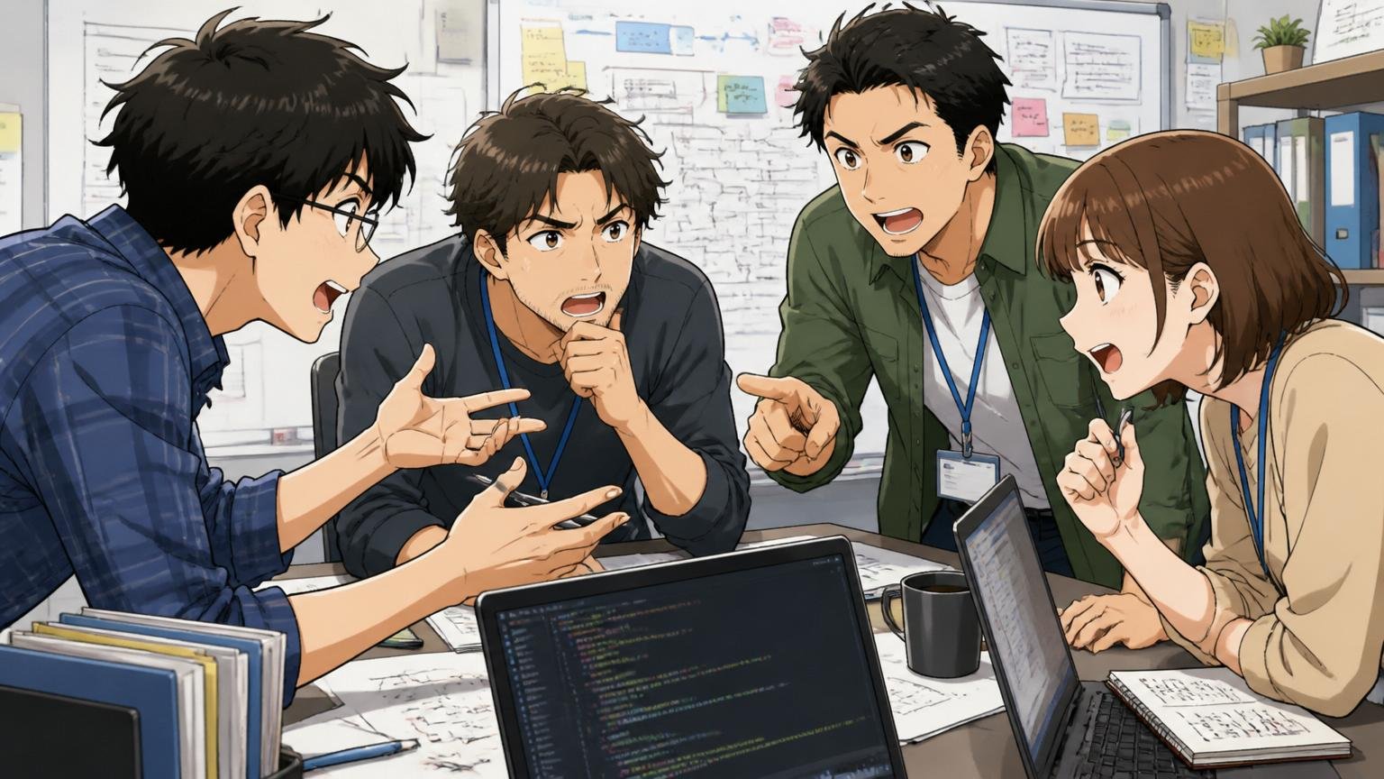 技術力はあるのにチームワークのアピールが薄い／SIerの開発現場／30代エンジニア4名がチームで議論／前のめりに意見を交わす場面