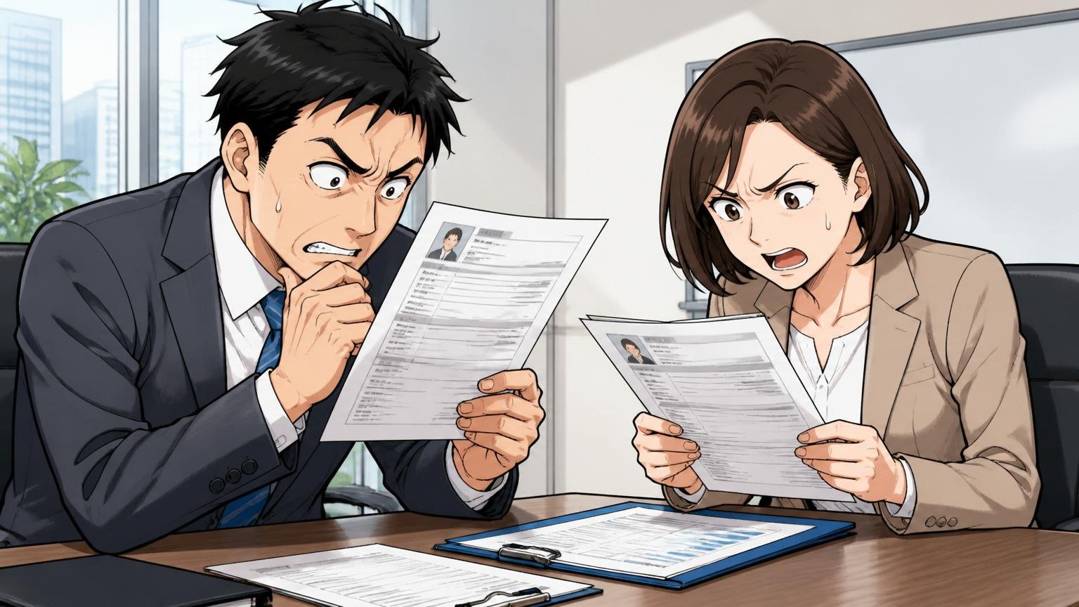 企業の会議室で職務経歴書を見ながら険しい表情を浮かべる人事担当の男女