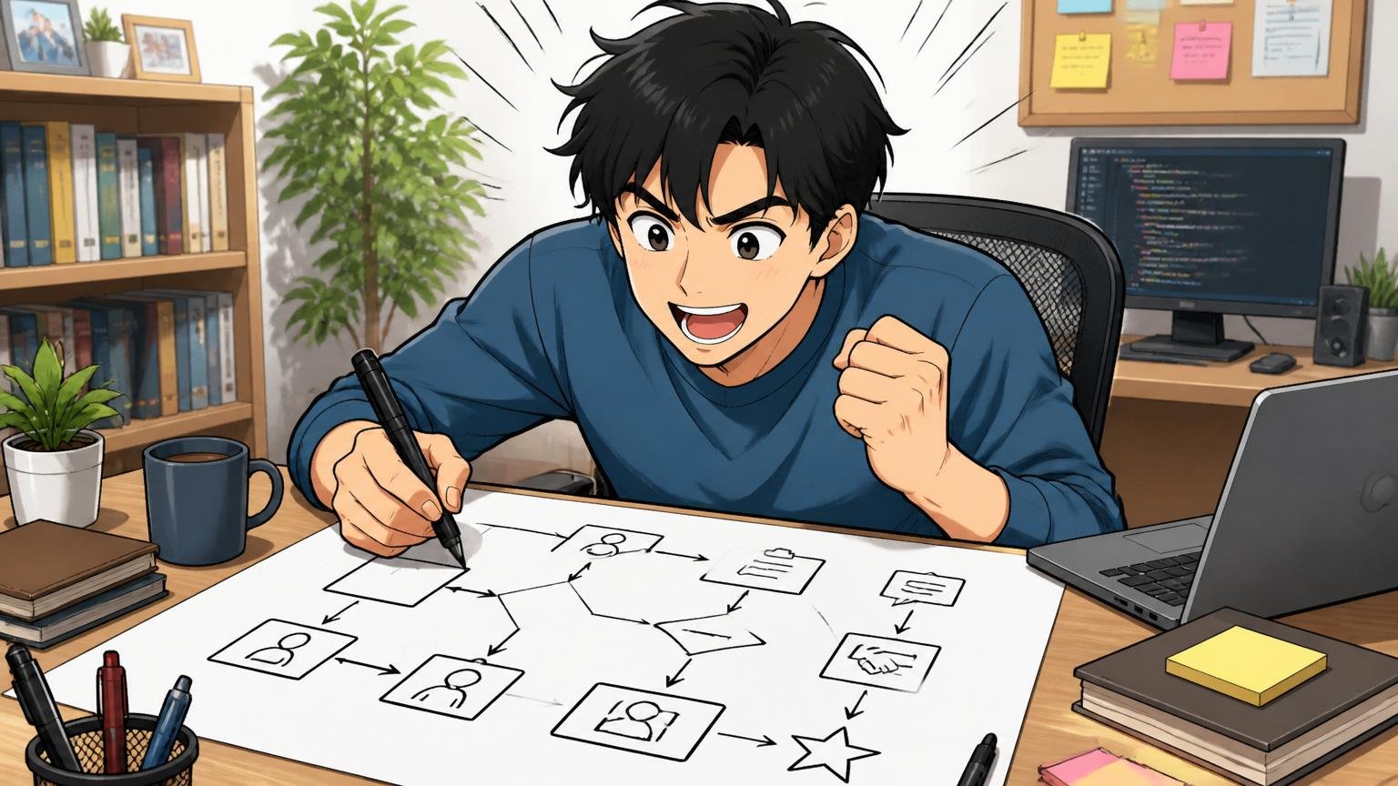 自宅のデスクで在宅勤務中の30代男性エンジニアが選考プロセスのフローを紙に書き起こして整理する場面
