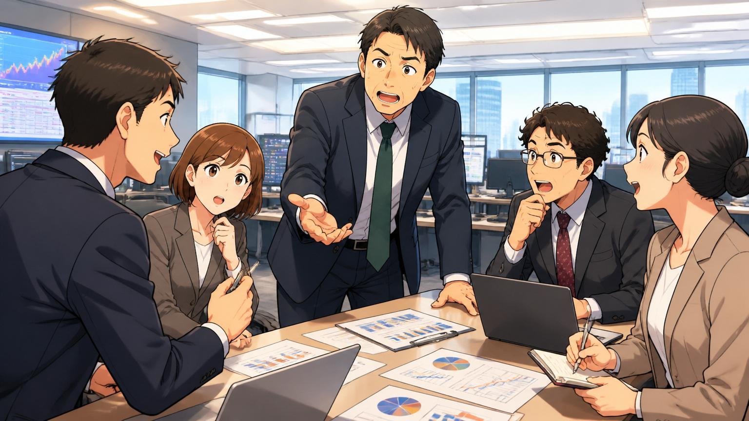 投資銀行や生命保険系企業のフロアで合同のミーティングをするビジネスパーソンたち、落ち着いた印象のスーツ姿