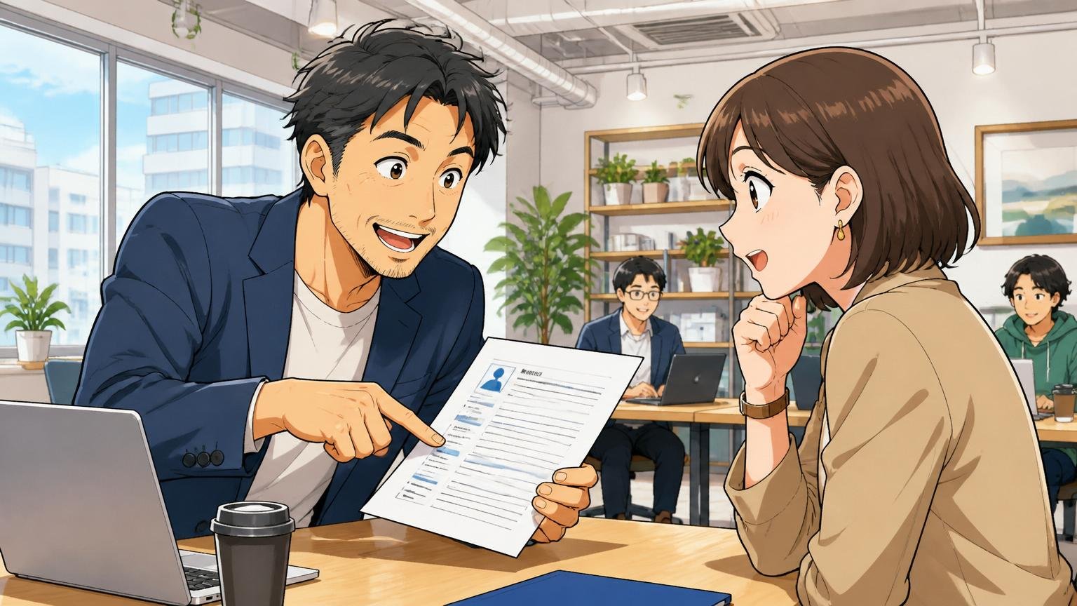Web系スタートアップのオフィスで職務経歴書を添削するキャリアアドバイザーの40代男性1人と相談する30代女性1人