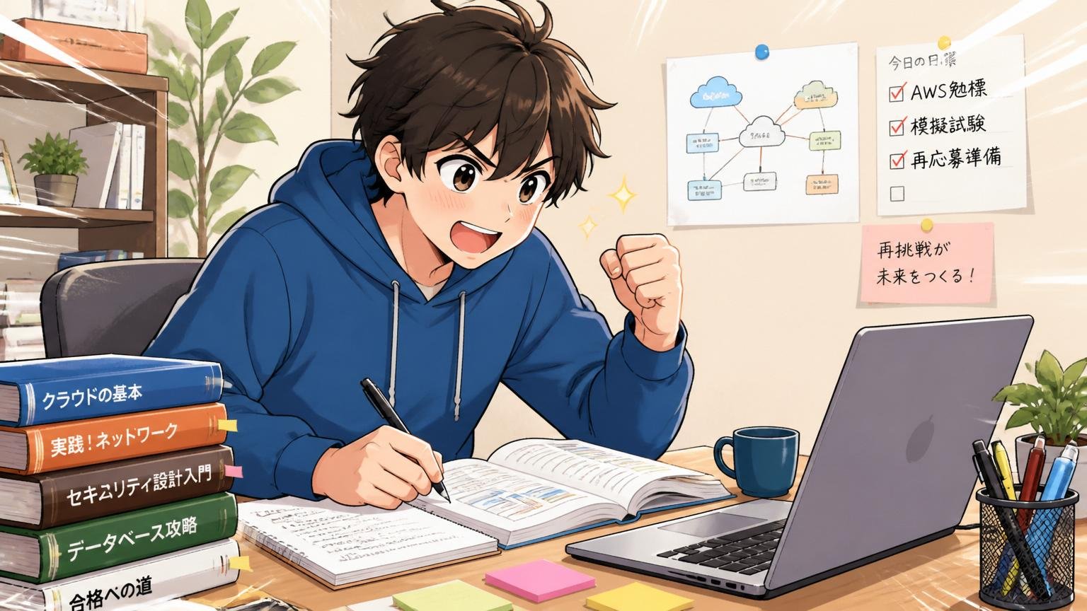 再挑戦という選択肢、自宅のデスクでAWS資格の勉強をしながら再応募の準備をする前向きなエンジニア