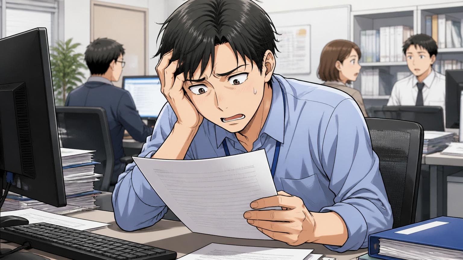 書類選考で落ちた原因｜SIerのデスクで職務経歴書を見直す30代男性エンジニア、悩む表情