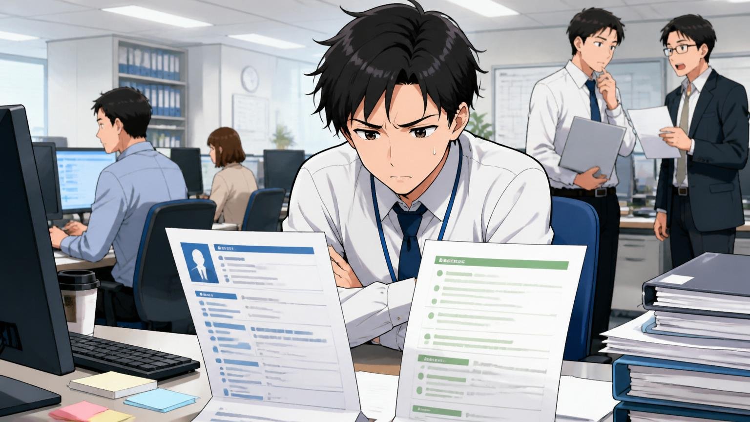 求人票と自分の職務経歴を見比べて悩むエンジニア。SIerのオフィスでデスクに座る30代男性が腕を組んで考え込む