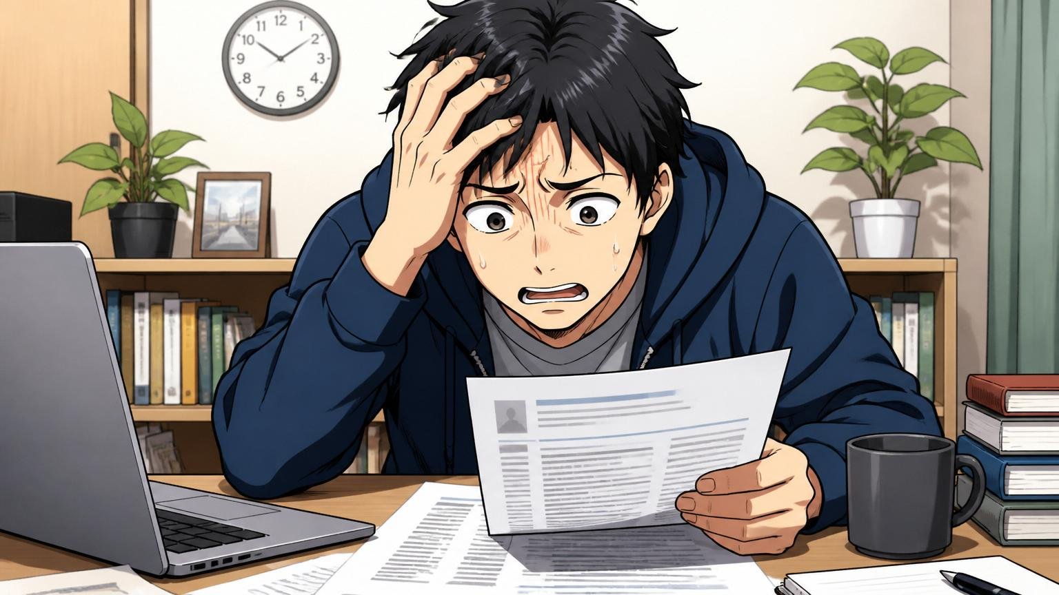 書類選考で落ちるパターン 自宅のデスクで職務経歴書を見直し頭を抱える30代男性エンジニア