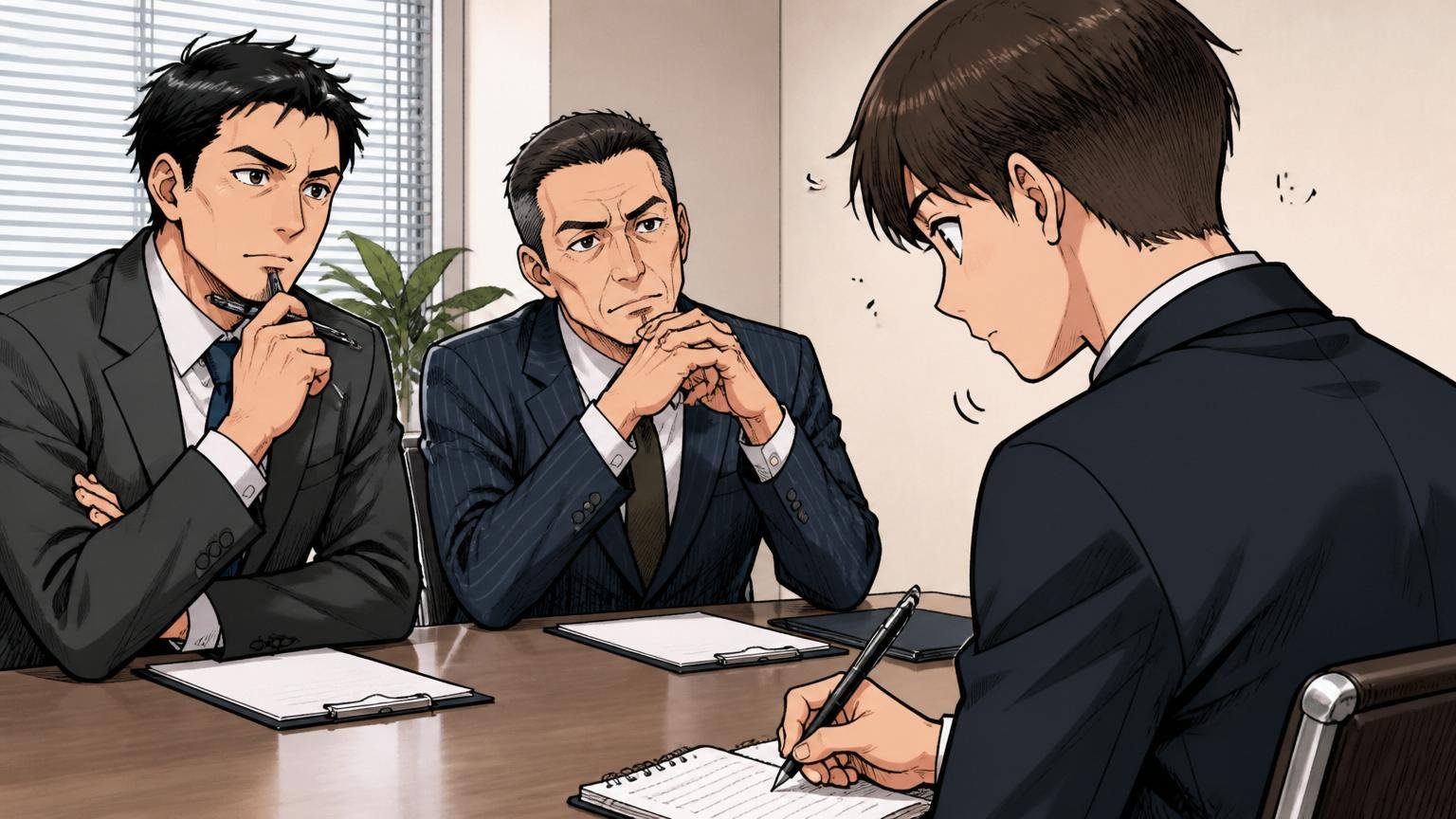 選考は技術より姿勢と志望度を見る 面接会場でメモを取りうなずく応募者と面接官2人、真剣な表情