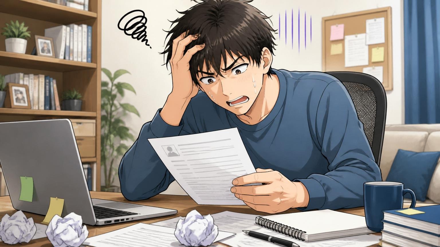 職務経歴書で伝わっていない。自宅で職務経歴書を書き直し悩む30代男性エンジニア