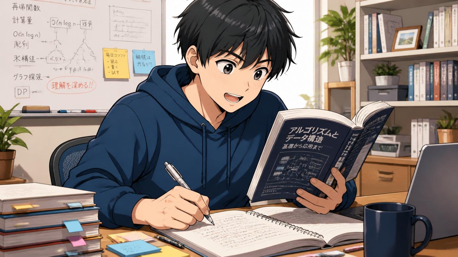 技術が好き学び続ける姿勢をどう言語化するか、自宅のデスクで技術書を片手にメモを取るエンジニア1人が前向きな表情