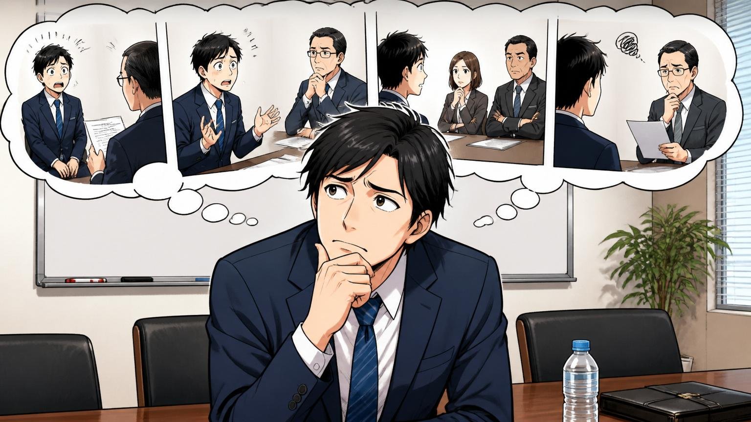 企業の会議室で面接を終えた30代の応募者が、選考のどの段階で落ちたか考え込み振り返っている