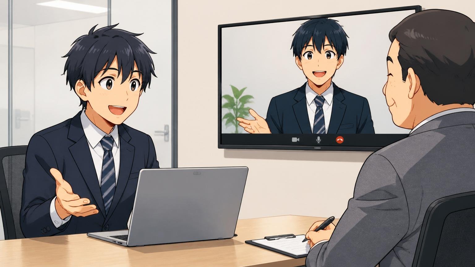 和やかな雰囲気でオンライン面接を受ける応募者と優しく頷く面接官。企業の会議室での1対1の面接