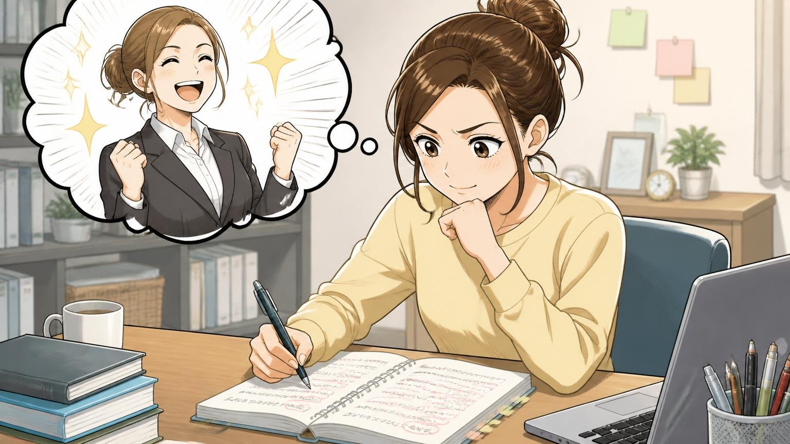 面接準備で志望動機を整理する応募者、自宅のデスクでノートに書き出す30代女性1人