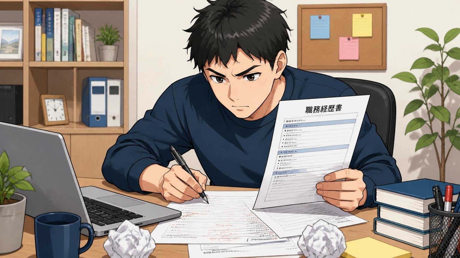 書類・WEBテストで落ちた場合に見直すこと、自宅のデスクで職務経歴書を書き直すエンジニア、男性1人が真剣な表情
