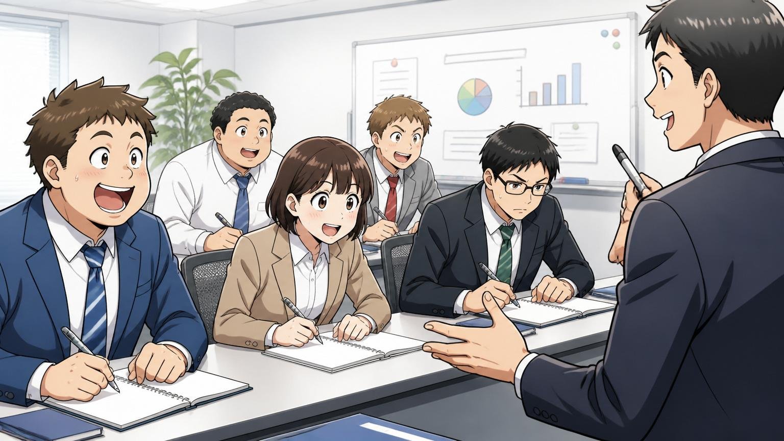 「研修制度と未経験受け入れが強み」研修ルームで複数の若手社員が講師の説明を熱心にメモする