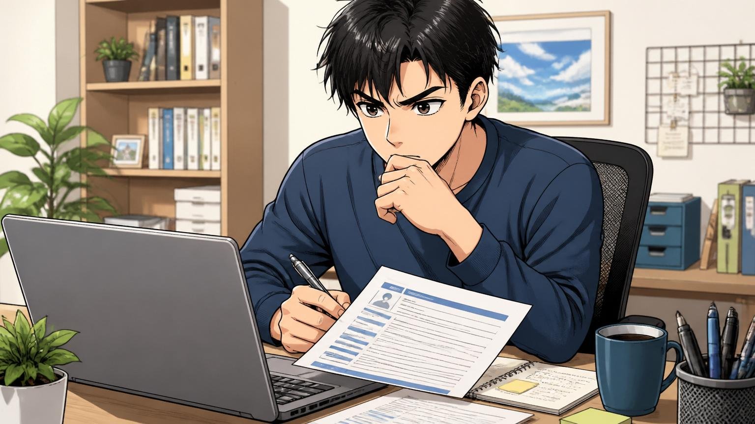 職務経歴書を書き直すエンジニア、自宅のデスクで在宅勤務、1人、真剣に画面と向き合う表情