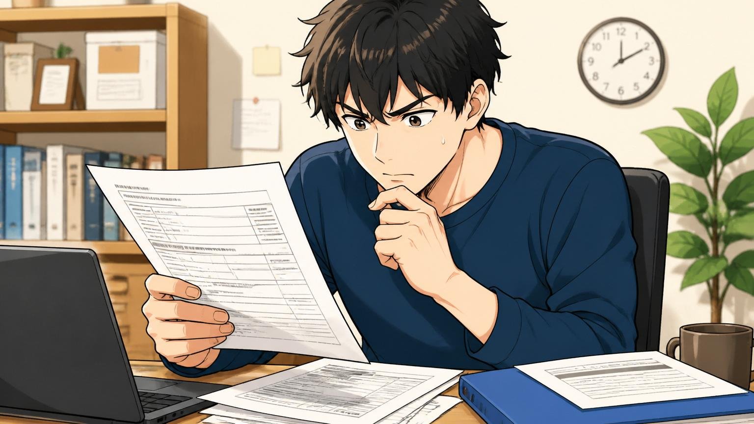 デジタルハーツへ再応募する方法を考える、自宅のデスクで応募書類を見直す20代男性