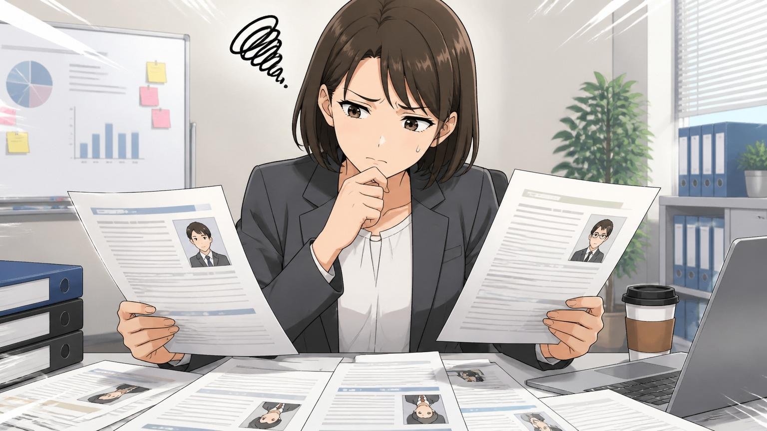 企業の会議室で人事担当者が複数の応募書類を見比べて選考する場面、書類を手に難しい表情で考え込む