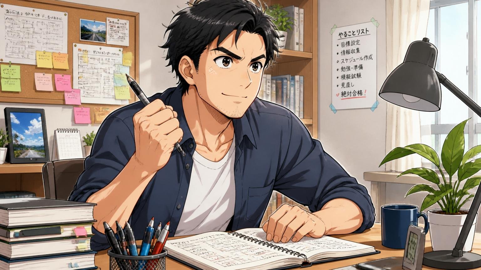 自宅のデスクで再挑戦に向けた計画ノートを書き込む30代男性、ペンを握りしめ前を見据える前向きな表情