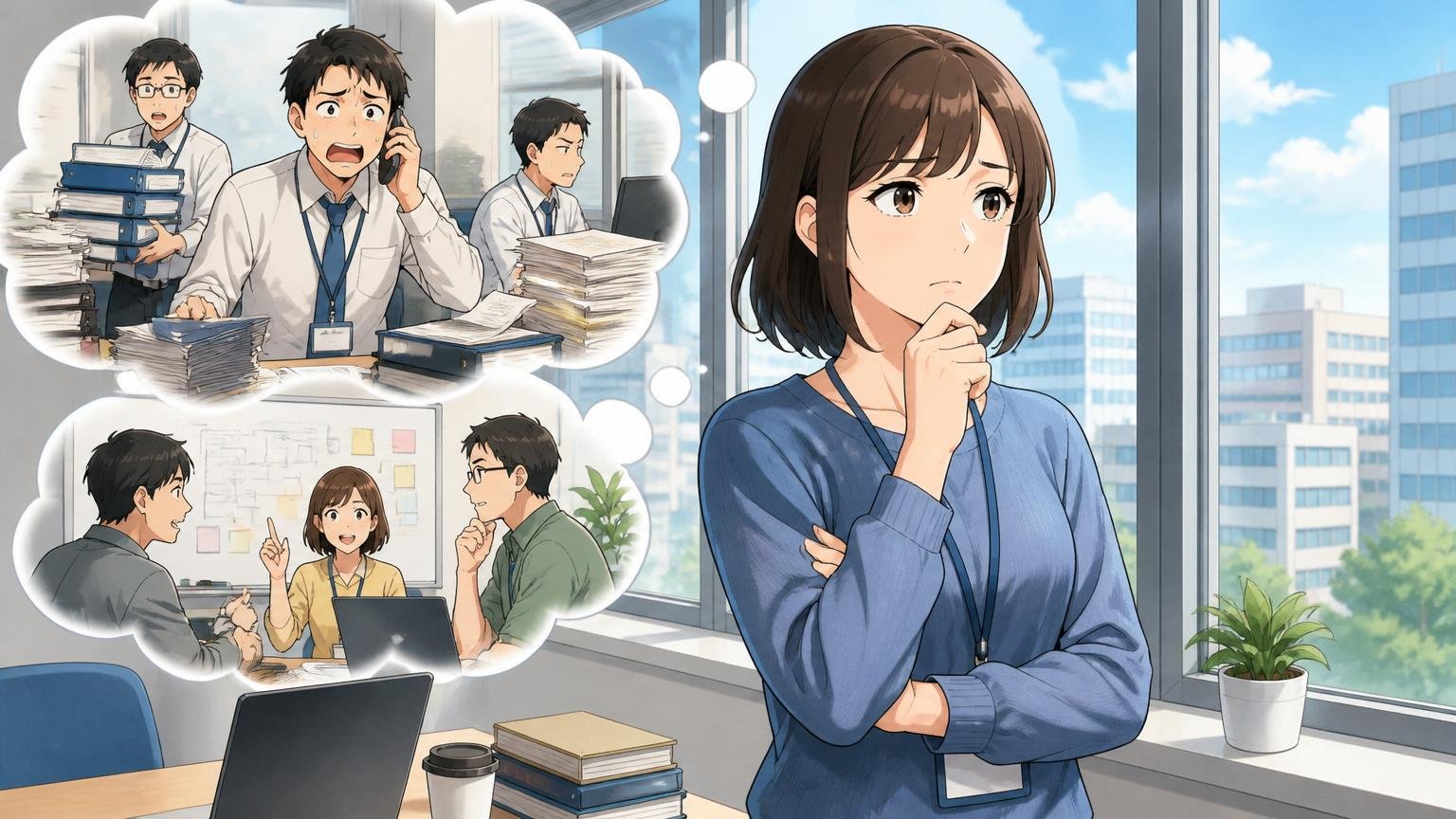 ユーザー系SIerと自分の志向の相性を見直す。オフィスの窓辺で腕を組み考え込む30代女性エンジニア1人