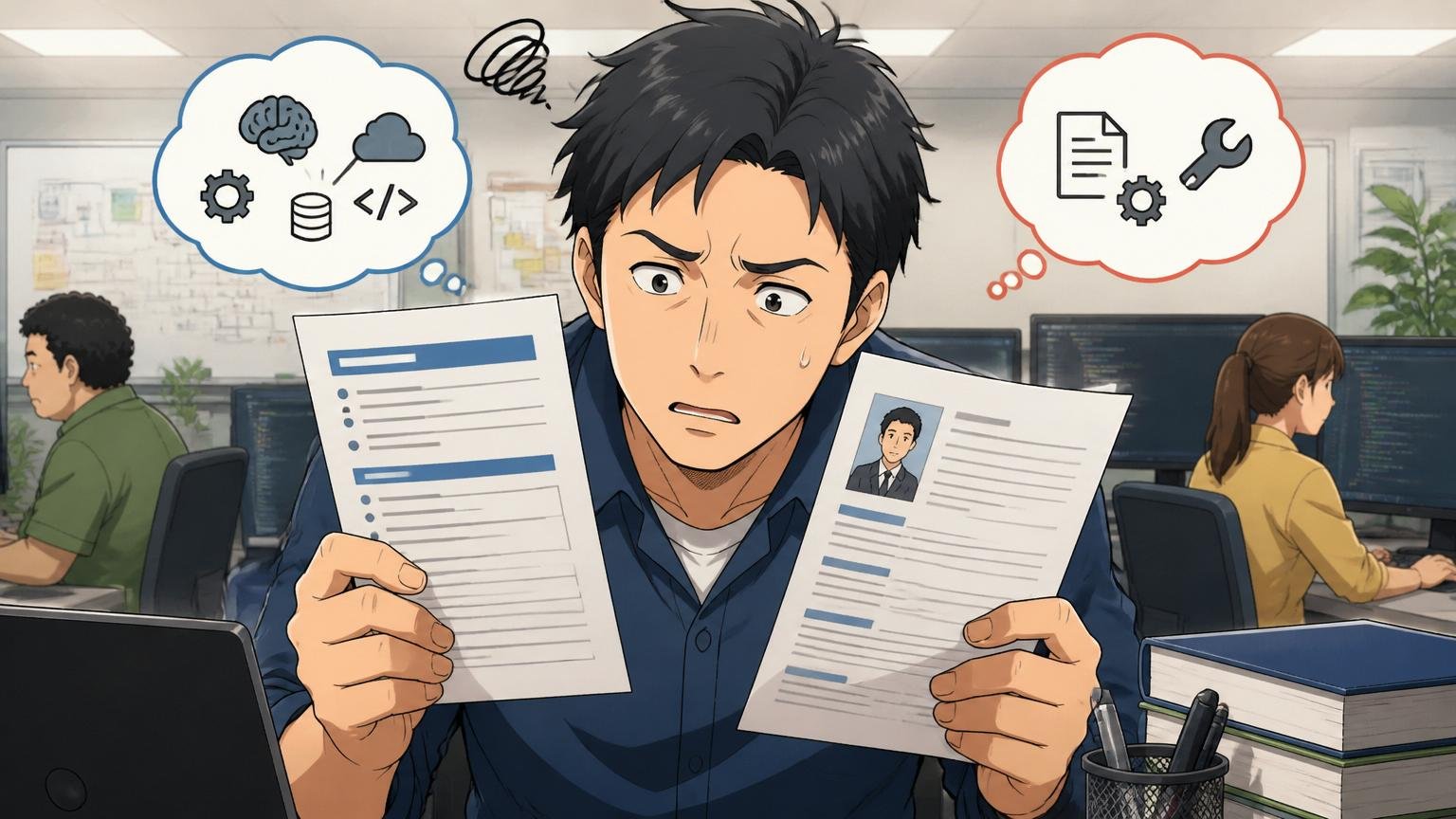 能力要件のミスマッチ。開発オフィスで求人票と職務経歴書を見比べる中堅エンジニア男性