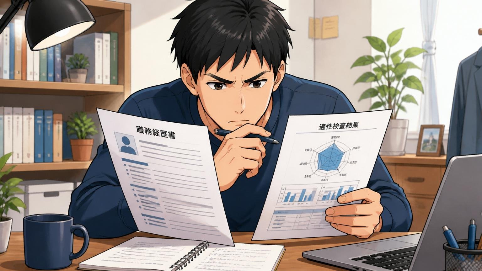 自宅のデスクで職務経歴書と適性検査の結果を見直す転職者1人、ペンを持ち真剣な表情