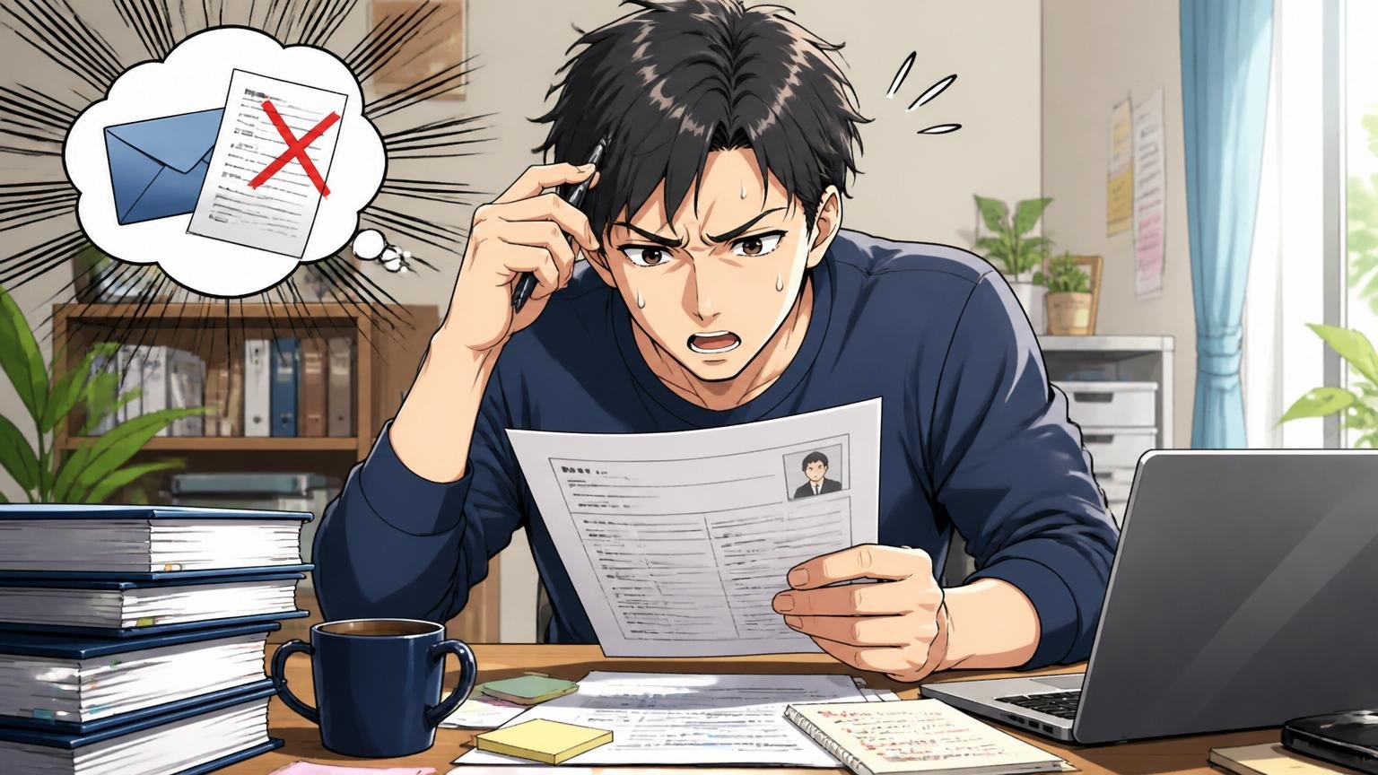 書類選考で落ちた場合に見直すこと。自宅のデスクで職務経歴書を書き直す30代エンジニア1人