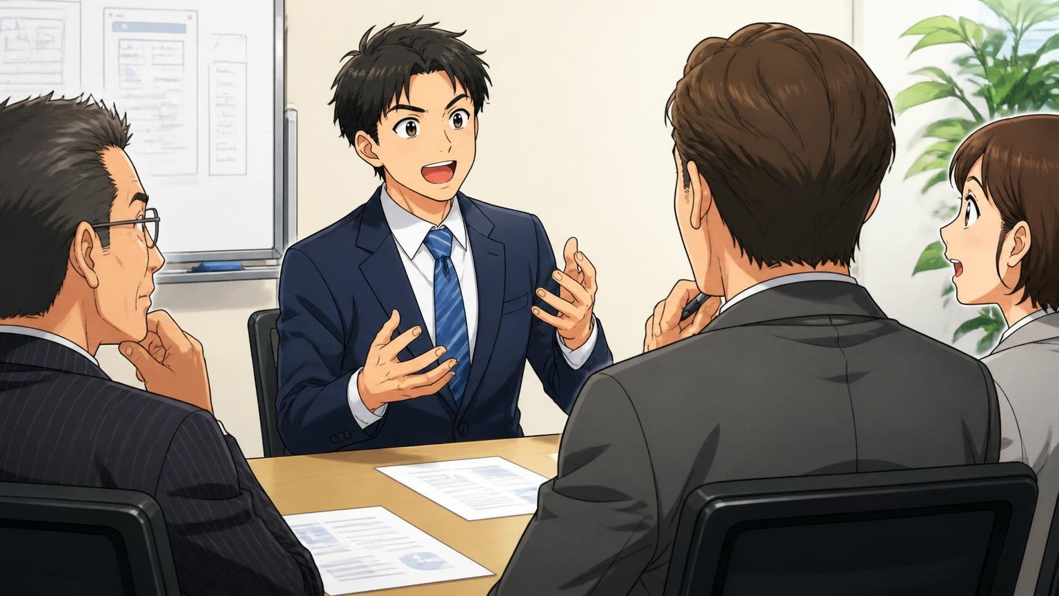 自分の言葉で志望動機を語るエンジニア。企業の会議室で応募者1人が面接官に熱意を持って話す