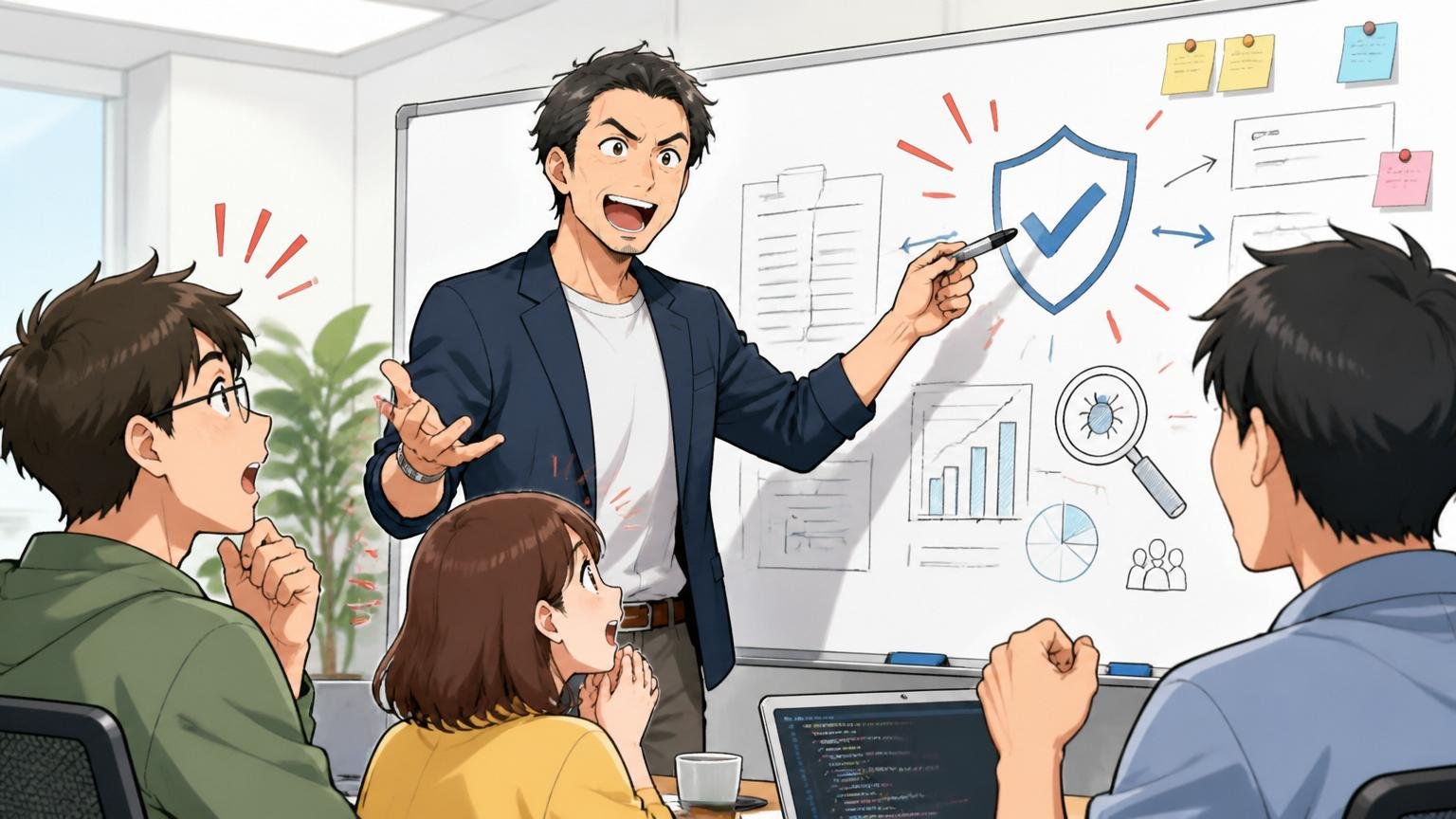 品質保証の仕事を説明するメンター｜明るいIT企業の会議室でホワイトボードを使い、後輩2人に品質保証の重要性を熱く語る40代男性