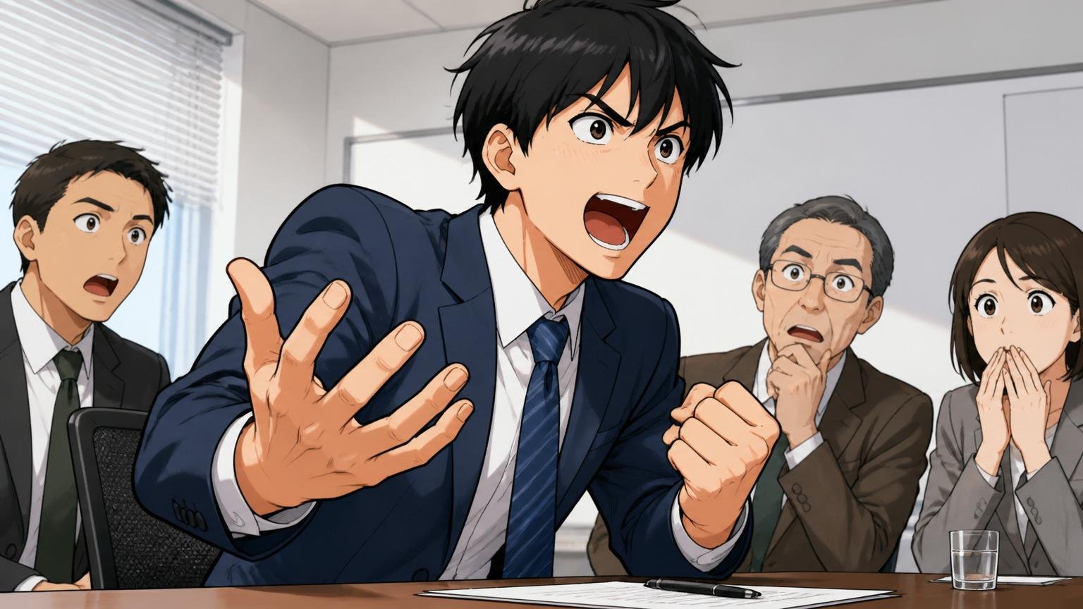 ゲームへの熱量の伝え方を、企業の面接室で20代男性が身振りを交えて熱弁する表情