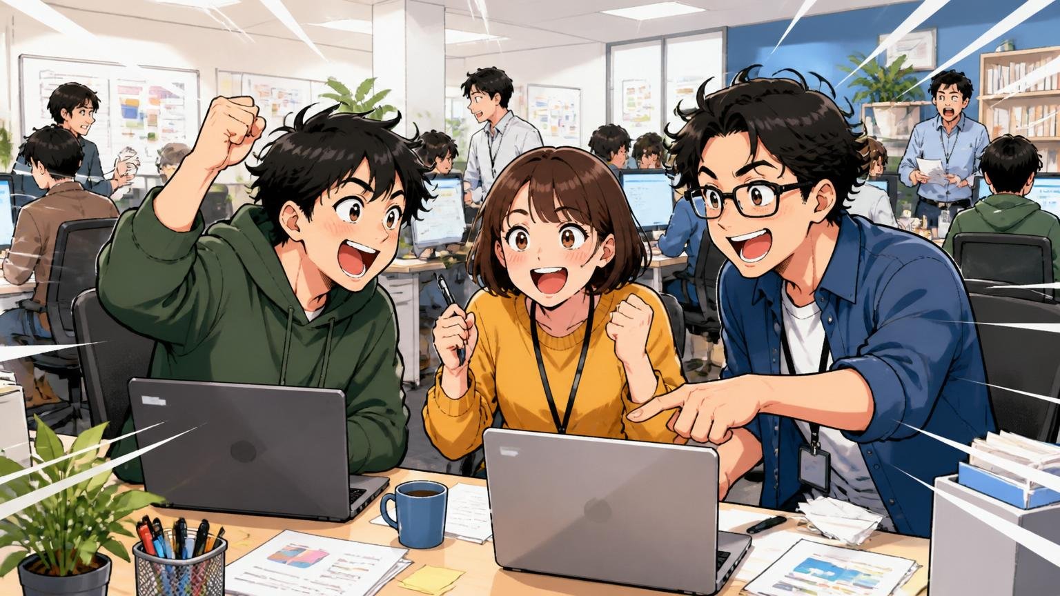 成長企業ゆえに求めるレベルは上がり続けている。SaaS企業のオフィスで増えていく社員たち、3人が活気ある様子で働く