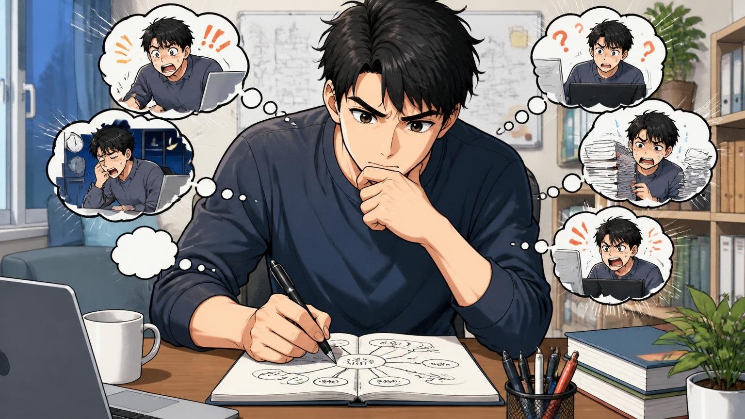 原因の自己分析を言語化｜自宅デスクでノートに落ちた原因を書き出す30代男性エンジニア1人
