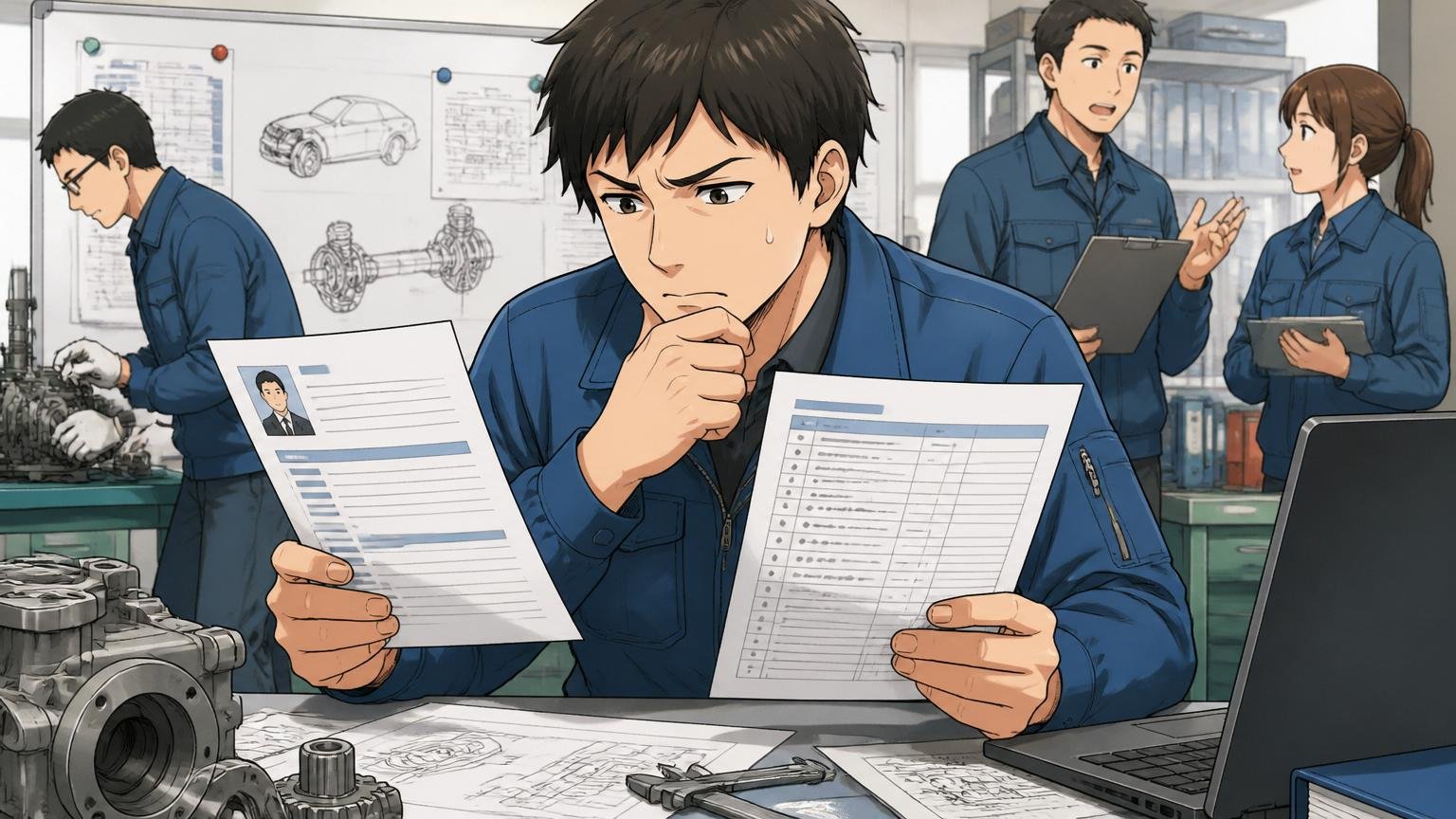 自動車部品メーカーの開発現場で求人票と自分の経歴書を見比べて悩む30代男性エンジニア