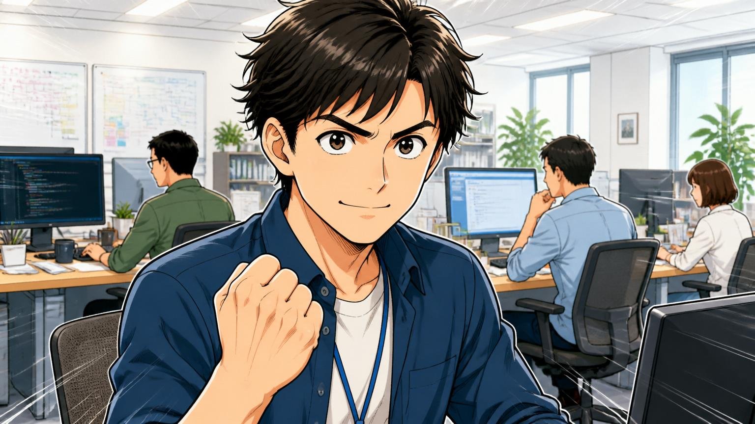 企業のオフィスで再挑戦を決意して前を向く男性エンジニア1人が握りこぶしを作る表情