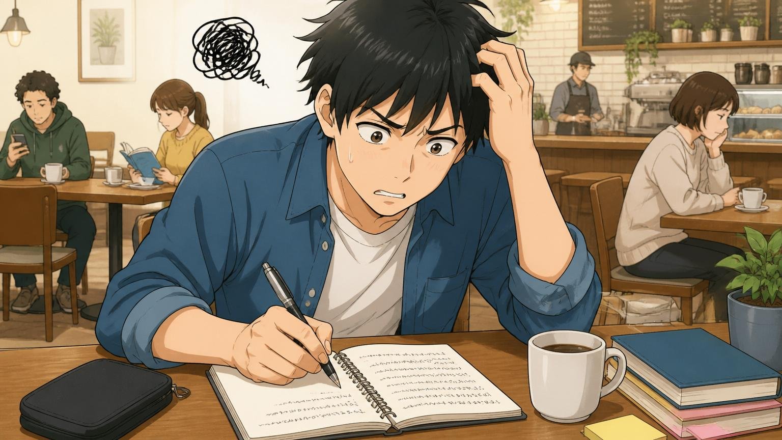 志望動機がグループの安定止まりで差別化できていない。カフェでノートに志望動機を書き出す20代男性が悩む