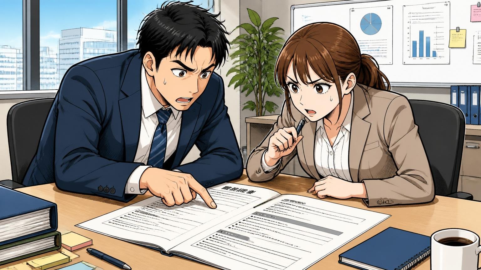企業の会議室で職務経歴書を広げて見直し真剣に話し合う30代の男性と女性の社員