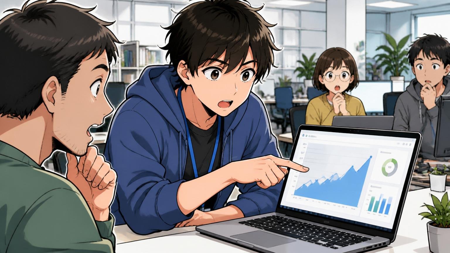 Web系SaaS企業のオフィスで、ノートPCの画面に映る評価スコアグラフを指差しながら同僚に説明する若手エンジニアの真剣な表情