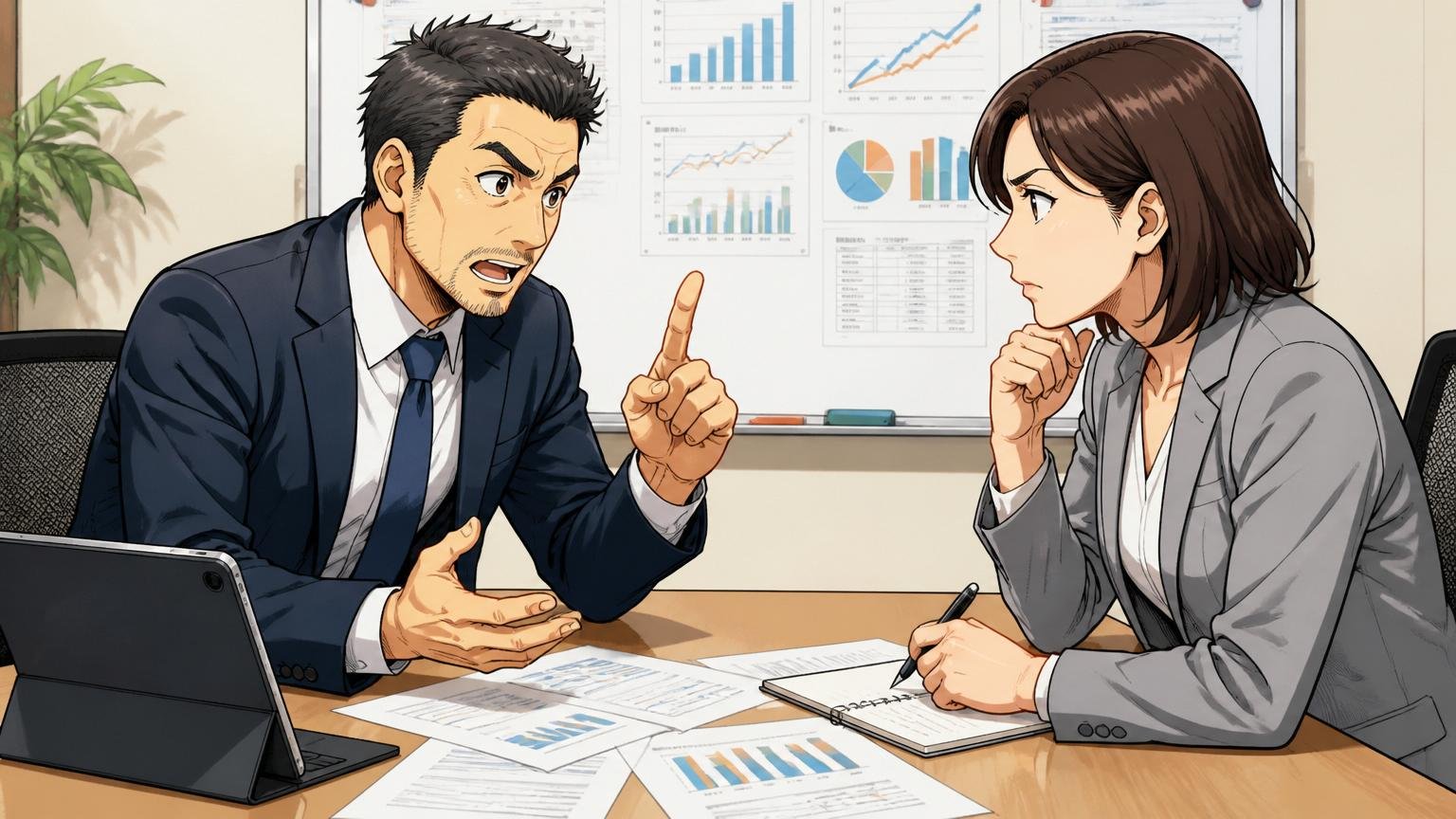 見るべきは自分の市場価値。企業の会議室で年収について真剣に話すメンター男性と中堅女性