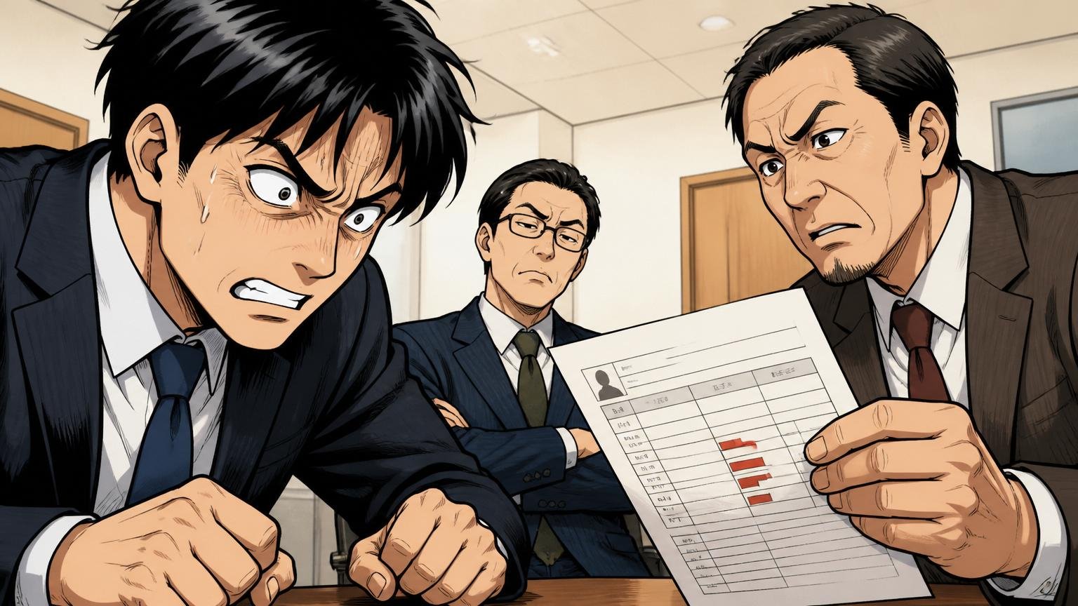 企業の人事面談ルームで評価シートを見せられて険しい表情を浮かべる中途入社の30代男性社員1人と上司2人