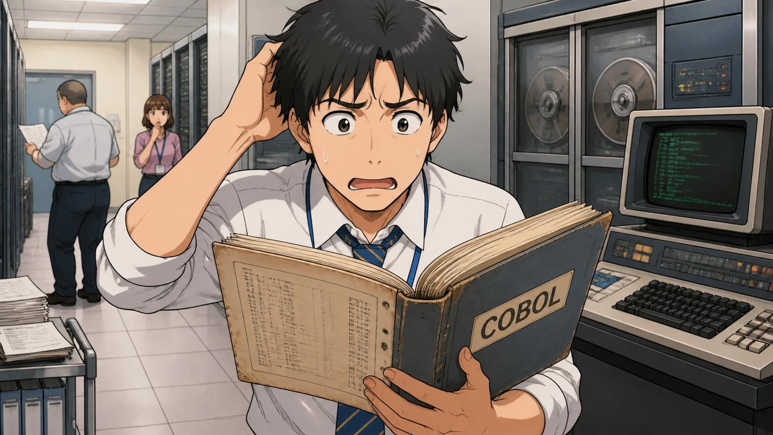 金融SIerのサーバールーム前で古いCOBOLの仕様書を眺めて困惑する20代後半男性エンジニア、後ろにメインフレーム端末。